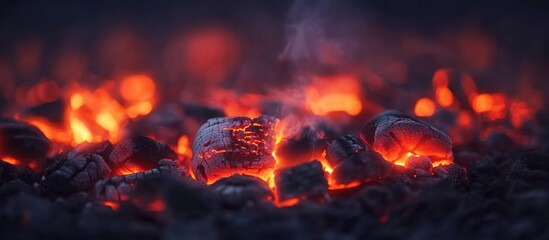 Poster - Glowing charcoal embers in selective focus revealing intense heat and texture in a darkened setting for warm atmosphere imagery.