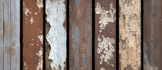 Poster - Weathered Vertical Wooden Panels with Brown and White Paint Peeling for Rustic Background or Textures in Design Projects