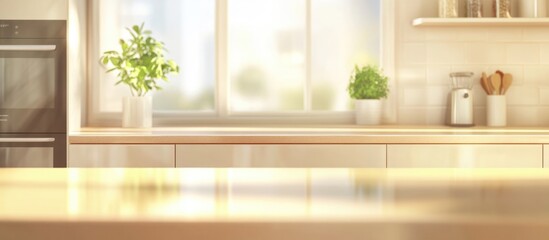 Aufkleber - Modern kitchen countertop with natural light, stylish appliances, and inviting decor, featuring ample space for text and creative use.