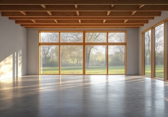 Poster - Modern Minimalist Loft with Nature View and Concrete Floors Wooden Beams Interior Design