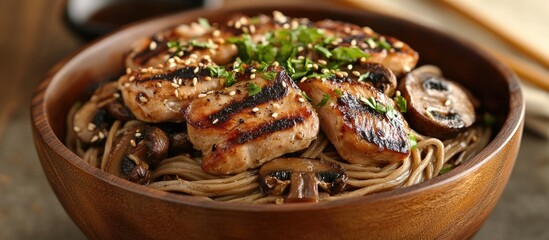 Poster - Buckwheat noodles topped with grilled chicken and sautÃ©ed mushrooms in a rustic wooden bowl garnished with green onions and sesame seeds