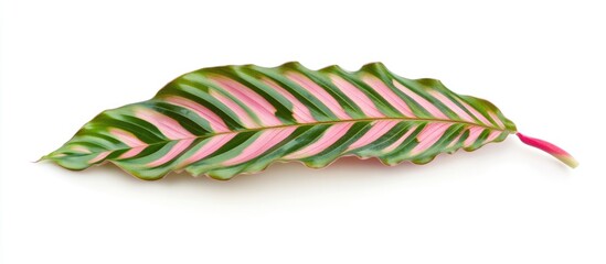 Poster - Calathea Ornata leaf close-up isolated on white background showcasing tropical artistry and natural beauty for design concepts.