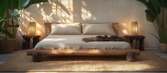 Poster - Elegant charpoy bed made of natural materials with soft bedding, surrounded by warm light and tropical decor in a serene setting.