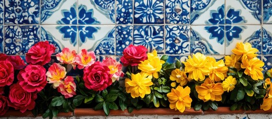 Poster - Colorful artificial flowers against traditional Portuguese azulejos tiles in the Church of Nossa Senhora da Rocha Algarve Portugal