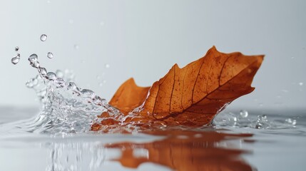 Poster - Close up of a dry leaf splashing into clear water creating ripples and empty space for text in a serene natural setting.