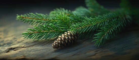 Aufkleber - Spruce branch with pinecone on rustic wooden background showcasing natural textures and holiday ambiance