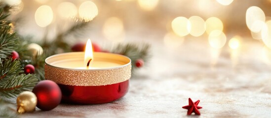 Aufkleber - Burning candle surrounded by festive Christmas decorations with a warm cross filter effect creating a cozy holiday atmosphere
