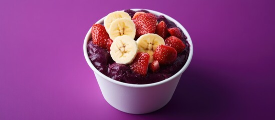 Poster - Delicious Acai Bowl with Strawberries and Bananas in White Pot on Vibrant Purple Background