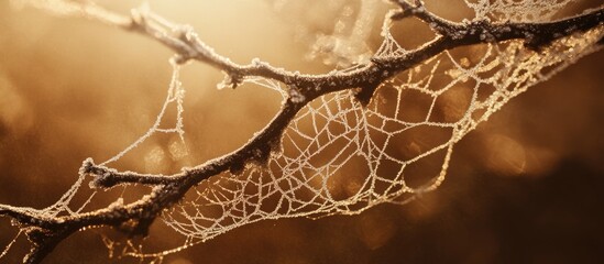 Poster - Frosted cobweb on a branch illuminated by soft light with a warm brown background highlighting intricate details and space for text