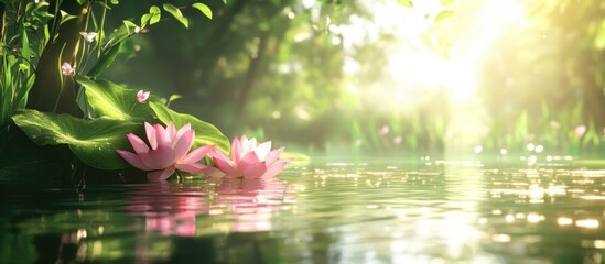 Aufkleber - Serene water scene featuring two pink lotus flowers surrounded by lush greenery and soft sunlight reflecting on the water surface.