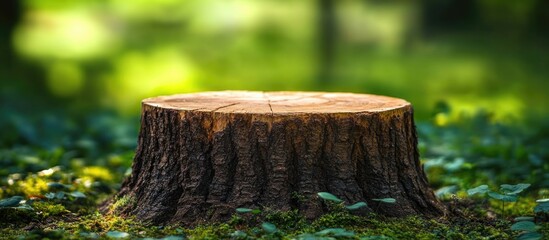 Poster - Natural wood stump texture in a serene forest setting highlighting organic patterns and earthy tones for backgrounds and design projects.