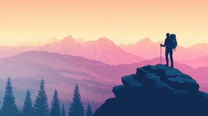Aufkleber - Silhouette of a hiker on a mountain ridge during sunset capturing a moment of tranquility and adventure. Generative AI