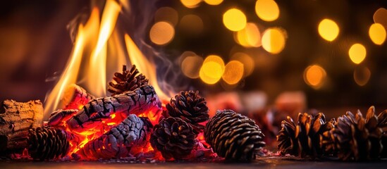 Poster - Closeup of a warm fire with glowing red coals and pine cones creating a cozy atmosphere for autumn or winter gatherings