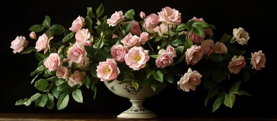 Poster - Elegant arrangement of delicate pink miniature roses in a vintage vase with lush green foliage against a dark background.