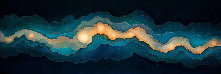 Poster - A panoramic view of fluid blue and orange layers meeting in a luminous seam, sprinkled with soft
