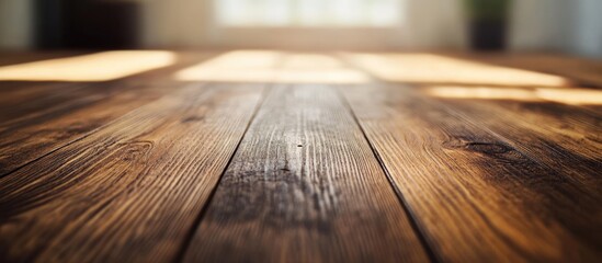 Poster - Natural brown wooden tabletop with selective focus highlighting texture and warmth in a softly lit interior setting