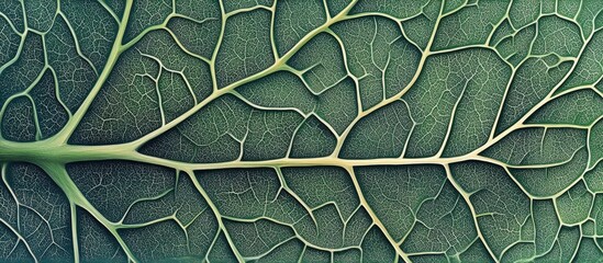 Poster - Detailed close-up of green leaf texture showcasing intricate vein patterns and natural macro details for botanical backgrounds.