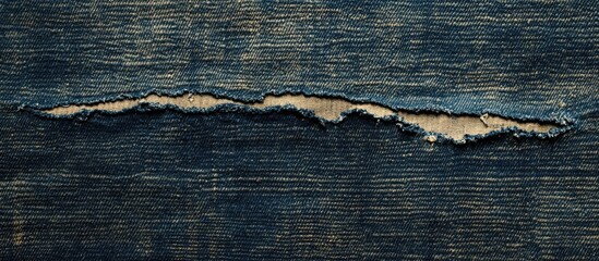Poster - Torn denim fabric texture close up showcasing distressed jeans with a focus on pocket detail and unique wear patterns.