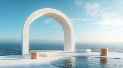 Aufkleber - Modern Coastal Product Display Podium with Wooden Pedestals and Archway at Sea View