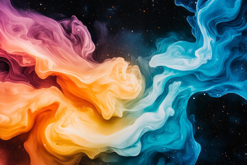 Poster - A soft, swirling blend of cosmic blues and intense orange flows, with drifting sparkles that