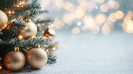 Poster - Festive Christmas background featuring gold baubles bokeh lights and holiday decorations with space for text in a winter scene