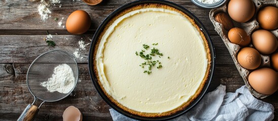 Poster - Cheesecake with cream cheese and eggs in an iron baking dish on wooden background with flour and natural light from above
