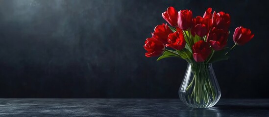 Poster - Vibrant bouquet of red tulips in a clear vase against a dark background ideal for greeting cards and floral designs