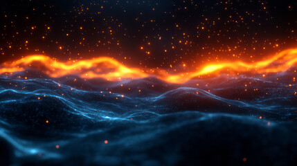 Poster - A fluid motion scene where dark blue waters meet vibrant orange currents, sprinkled with soft