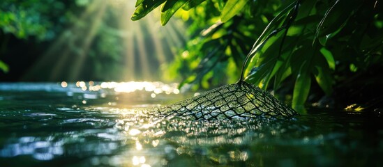 Poster - Close up of a fishing net in a serene river surrounded by lush greenery with sunlight rays reflecting on the water surface.