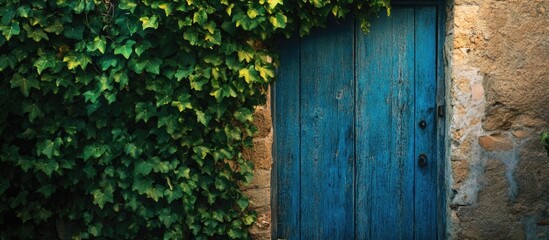 Aufkleber - Old blue wooden Mediterranean door framed by lush ivy on a rustic wall creating a charming, traditional atmosphere in Italy.