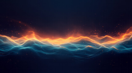 Poster - A fluid motion scene where dark blue waters meet vibrant orange currents, sprinkled with soft