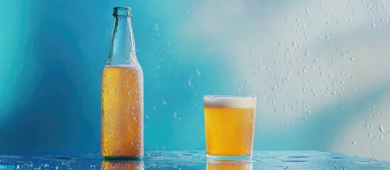 Poster - Beer bottle and glass on a vibrant blue background with condensation showcasing refreshing beverage and summer vibes