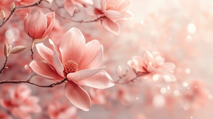 Poster - Delicate magnolia blossoms in soft pastel tones on tree branches with dreamy bokeh background and ample space for your text or design.