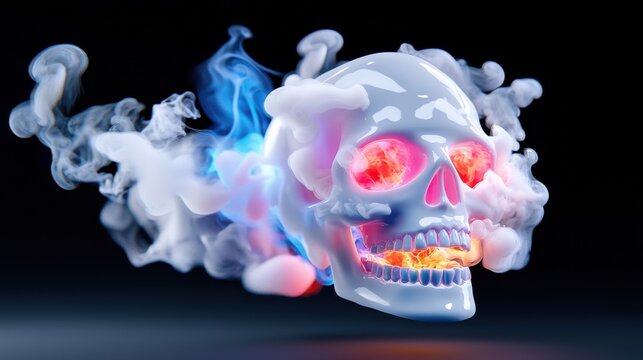 Glowing Skull with Blue And Orange Flames and White Smoke