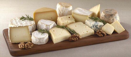 Poster - Assorted gourmet cheeses on a wooden cutting board with fresh herbs and walnuts top view for culinary and dining concepts
