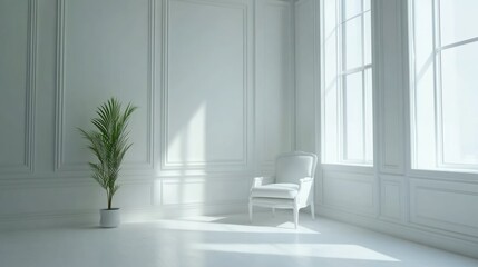 Poster - Elegant Minimalist White Living Room with Natural Light and Greenery in a Stylish and Spacious Setting