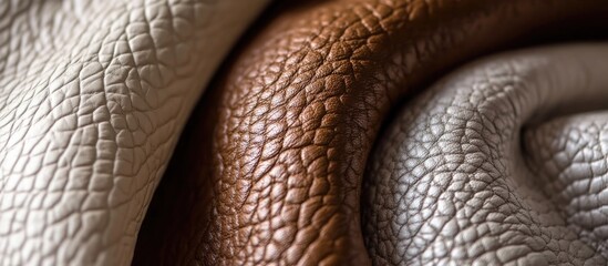 Poster - Close up of textured leather fabric in light grey, brown, and beige tones suitable for interior upholstery projects.