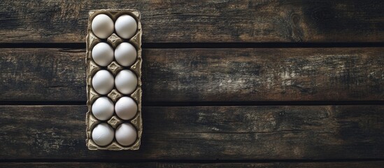 Poster - Minimalistic still life of chicken eggs in cardboard packaging on a dark vintage wooden background with selective focus.