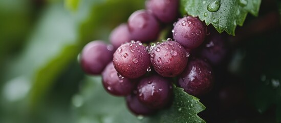 Aufkleber - Ripe grapes glistening with dew against lush green leaves creating a fresh and vibrant natural composition.