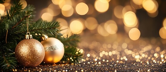 Poster - Christmas themed background featuring golden bokeh lights with festive ornaments and blank area for adding personalized text or messages