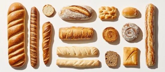 Poster - Variety of artisanal breads arranged neatly on a white background showcasing textures and shapes of baked goods for culinary presentation