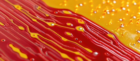 Poster - Close up of a vibrant red and yellow computer circuit board showcasing intricate electronic pathways and connections.