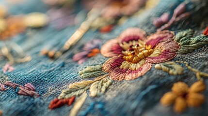 Poster - Detailed close-up of hand-embroidered floral patterns on fabric, highlighting the beauty of craftsmanship, with threads and needles in focus.