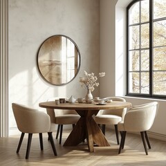 Poster - Minimalist Interior Design Wooden Dining Table Chairs Natural Light Scandinavian Style