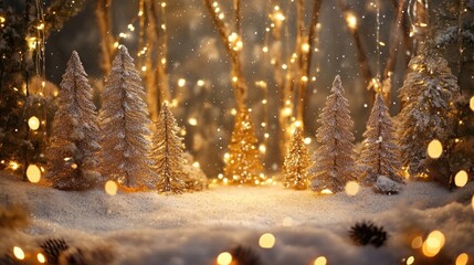 Poster - Enchanting Winter Wonderland with Snowy Trees and Golden Lights Ideal for Holiday-Themed Designs and Text Overlay