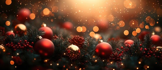 Poster - Festive Bokeh Effect with Red Christmas Ornaments and Green Foliage in an Abstract Holiday Background