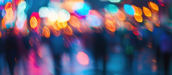 Poster - Abstract motion blur of people walking on a lively street at night with vibrant colors and bokeh effect ideal for text overlay and creative projects
