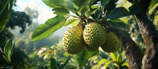 Poster - Breadfruit Artocarpus altilis tree with large spiky fruits surrounded by lush green leaves in a tropical setting. Essential food source in the Pacific.