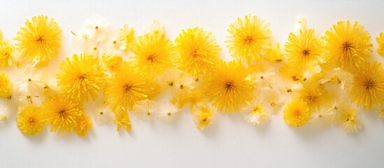 Poster - Bouquet of vibrant yellow dandelions scattered on a soft white background symbolizing the beauty of springtime florals.