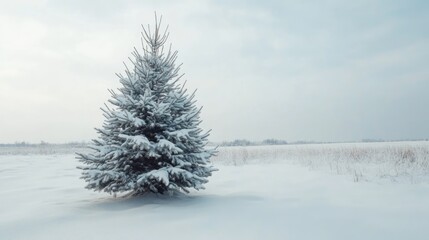 Poster - Snowy Christmas tree in a serene winter landscape with ample space for text or seasonal messages